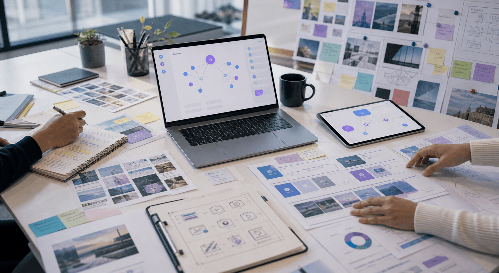 MINDORA application scenarios workspace with notes, planning boards, and creative outputs